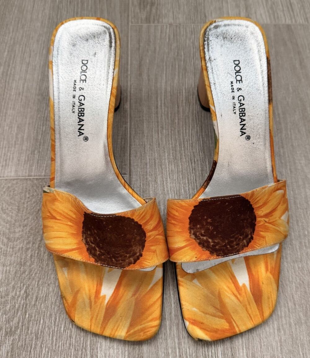 Dolce & Gabbana Y2K Vintage Yellow Sunflower Print Mule Block Heels 38 1/2 Italy